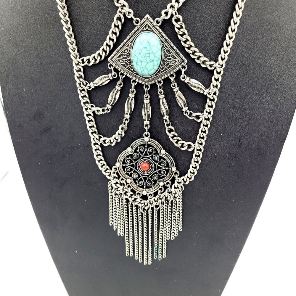 Vtg Boho Statement Necklace Blue & Red Accents Silvertone Chains Gypsy Goth - Picture 2 of 7